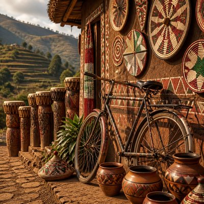 bicyle resting against a wall — Burundian Art Style