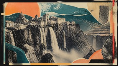 a cliffside city with waterfalls cascading into a misty canyon, wide establishing shot, no people, no text