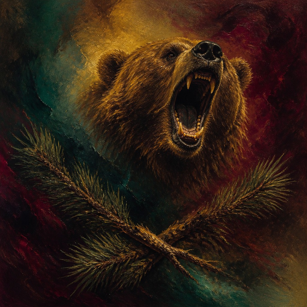 a roaring bear head above crossed pine branches, bold graphic composition on a plain background, no text
