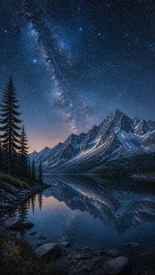 a tranquil mountain lake beneath a starry night sky, no people, no text