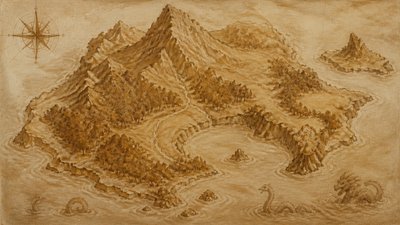 a map of an island realm with mountains, forests, a sheltered bay, sea monsters in the water and a compass rose, no text labels
