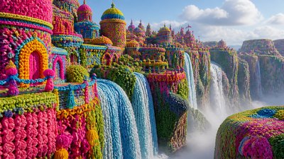 a cliffside city with waterfalls cascading into a misty canyon, wide establishing shot, no people, no text