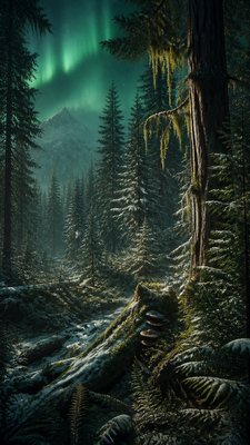 a snowy pine forest under the northern lights, no people