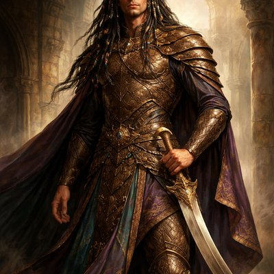 Style: A detailed, photorealistic character portrait in the style of high-fantasy historical cinema, focusing on texture, armor design, and facial structure.

The Subject: A full-body portrait of a single Gibeonite lord. He is a figure of imposing, "giant" stature, standing significantly taller than an average human (suggesting 7+ feet), but his proportions are lithe, graceful, and powerful rather than bulky or brutish.

Facial Features & Expression: He possesses a noble, almost ageless bearing reminiscent of an Elven lord, translated into ancient Near Eastern features. He has high, sculpted cheekbones, a strong aquiline nose, and intense, deep-set eyes that convey a calculating intelligence and ancient dignity. His expression is calm, watchful, and confident.

Hair & Adornment: His long, dark hair is elaborately and precisely braided, woven with hammered bronze rings and polished beads of carnelian and lapis lazuli.

Attire & Armor: He is dressed in attire that demonstrates advanced craftsmanship and sophistication. He wears a fitted breastplate of polished bronze, richly engraved with complex, swirling Canaanite motifs (stylized lions, gryphons, and geometric patterns). Beneath the armor, a tunic dyed deep Tyrian purple shows through.

Weapons: At his hip hangs a massive, curved khopesh sword, scaled to his immense height, with a hilt carved from hippopotamus ivory and inlaid with gold.

Pose & Lighting: He stands in a relaxed but formidable pose of authority, one hand resting on his sword hilt. The lighting is golden hour sunlight, catching the metallic sheen of the bronze armor and the intelligence in his eyes against a neutral, out-of-focus textured stone background.