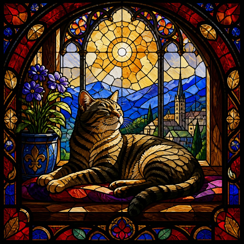 a cat lounging in a sunlit window — Stained Glass Art Style