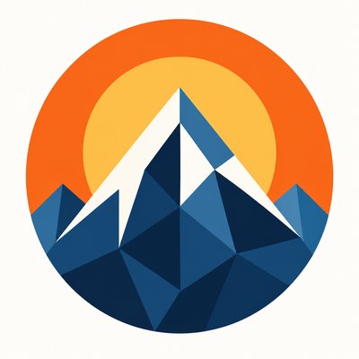 an emblem of a mountain peak inside a circle, simple bold shapes on a plain background, no text or lettering
