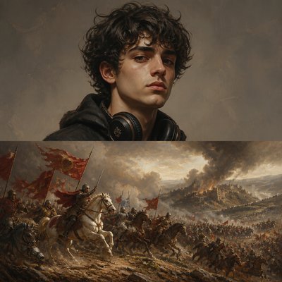 head-and-shoulders portrait of an original character: a young man with curly dark hair and headphones around his neck, plain backdrop, no text