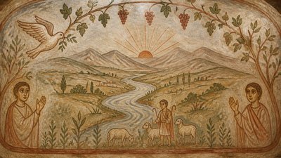 a vast valley with a river winding toward distant mountains at sunrise, no people, no text