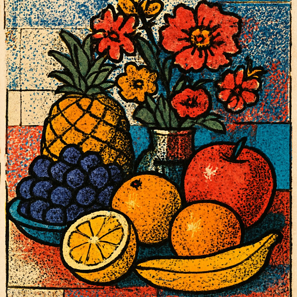 still life arrangement of fruits and flowers