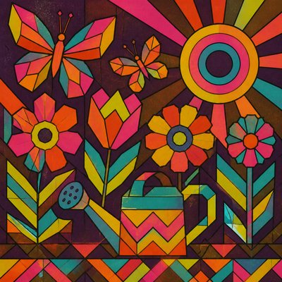 a garden scene with butterflies, flowers and a watering can, clean uncolored line art, no text