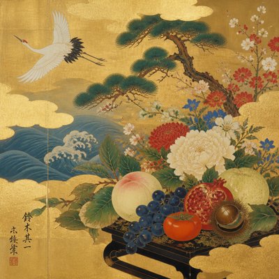 still life arrangement of fruits and flowers