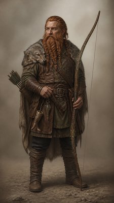 full-body original character: a dwarven ranger with a braided auburn beard, worn leather armor, a longbow and a wolf-pelt cloak, neutral background, no text