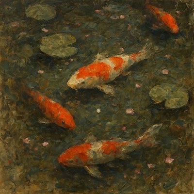 A koi pond seen from above, orange and white koi fish swimming among lily pads, clear water with subtle ripples, fallen cherry blossom petals floating on the surface, dappled sunlight