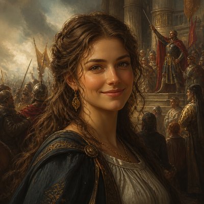 head-and-shoulders portrait of an original character: a young woman with wavy chestnut hair and a warm smile, plain soft backdrop
