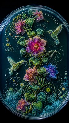 a climbing vine of flowers and hummingbirds on a dark background, tall wrapping composition, no text