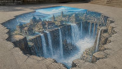 a cliffside city with waterfalls cascading into a misty canyon, wide establishing shot, no people, no text