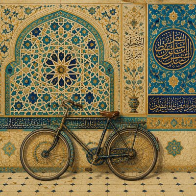 bicyle resting against a wall — Islamic Golden Age Art Style