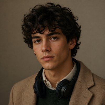 head-and-shoulders portrait of an original character: a young man with curly dark hair and headphones around his neck, plain backdrop, no text