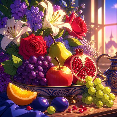 still life arrangement of fruits and flowers