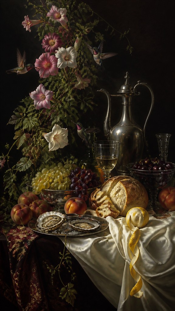 a climbing vine of flowers and hummingbirds on a dark background, tall wrapping composition, no text