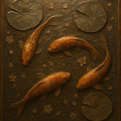 A koi pond seen from above, orange and white koi fish swimming among lily pads, clear water with subtle ripples, fallen cherry blossom petals floating on the surface, dappled sunlight