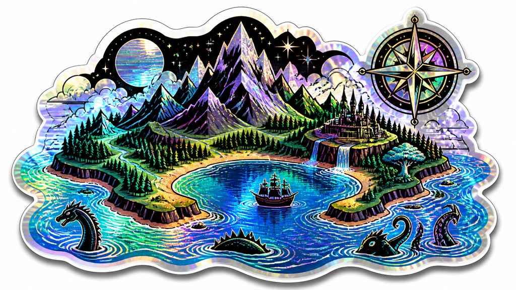 a map of an island realm with mountains, forests, a sheltered bay, sea monsters in the water and a compass rose, no text labels