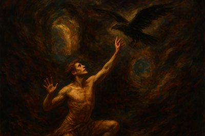 a painting of a man reaching for a bird