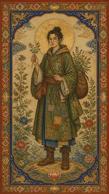 full-body original character: a wandering botanist with a satchel of plants, a patched green cloak, tall boots and round glasses, neutral background