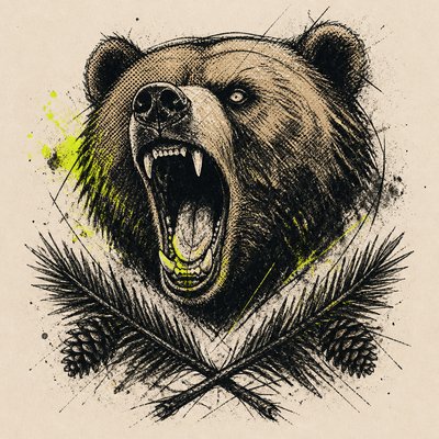 a roaring bear head above crossed pine branches, bold graphic composition on a plain background, no text