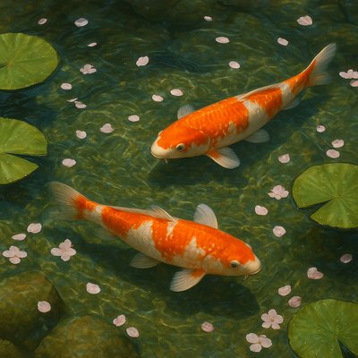 A koi pond seen from above, orange and white koi fish swimming among lily pads, clear water with subtle ripples, fallen cherry blossom petals floating on the surface, dappled sunlight