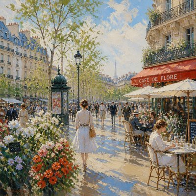 urban street with city activity — French Art Style