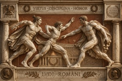 a statue of three men fighting in front of a building