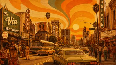 bustling city street panorama at dusk