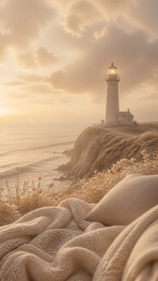 a lone lighthouse on a cliff at dusk under a dramatic sky, no text or lettering