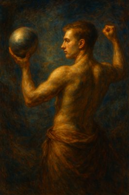 a painting of a man holding a ball