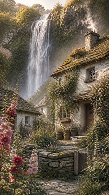 towering waterfall cascading down a cliff