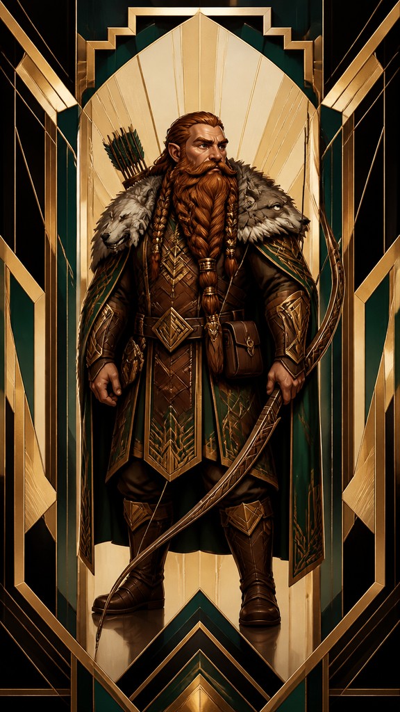 full-body original character: a dwarven ranger with a braided auburn beard, worn leather armor, a longbow and a wolf-pelt cloak, neutral background, no text