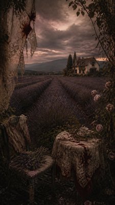 a field of lavender stretching to distant hills at dusk, no people
