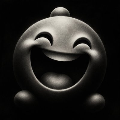 an exaggerated laughing face of an original round mascot character, bold and readable at small size, plain background, no text