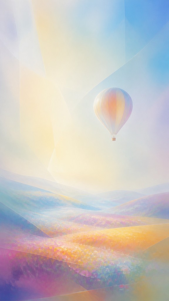 a hot air balloon drifting over rolling flower fields on a sunny day, cheerful, no text