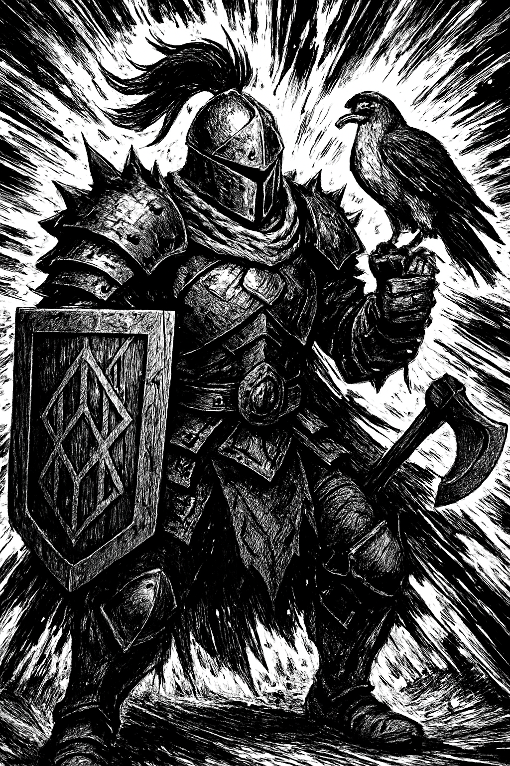 a painting of a knight with a bird on his arm