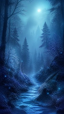 a mysterious forest path with fireflies and drifting mist, atmospheric vertical composition with open space at the top, no text