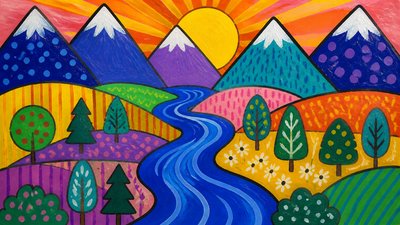 a vast valley with a river winding toward distant mountains at sunrise, no people, no text