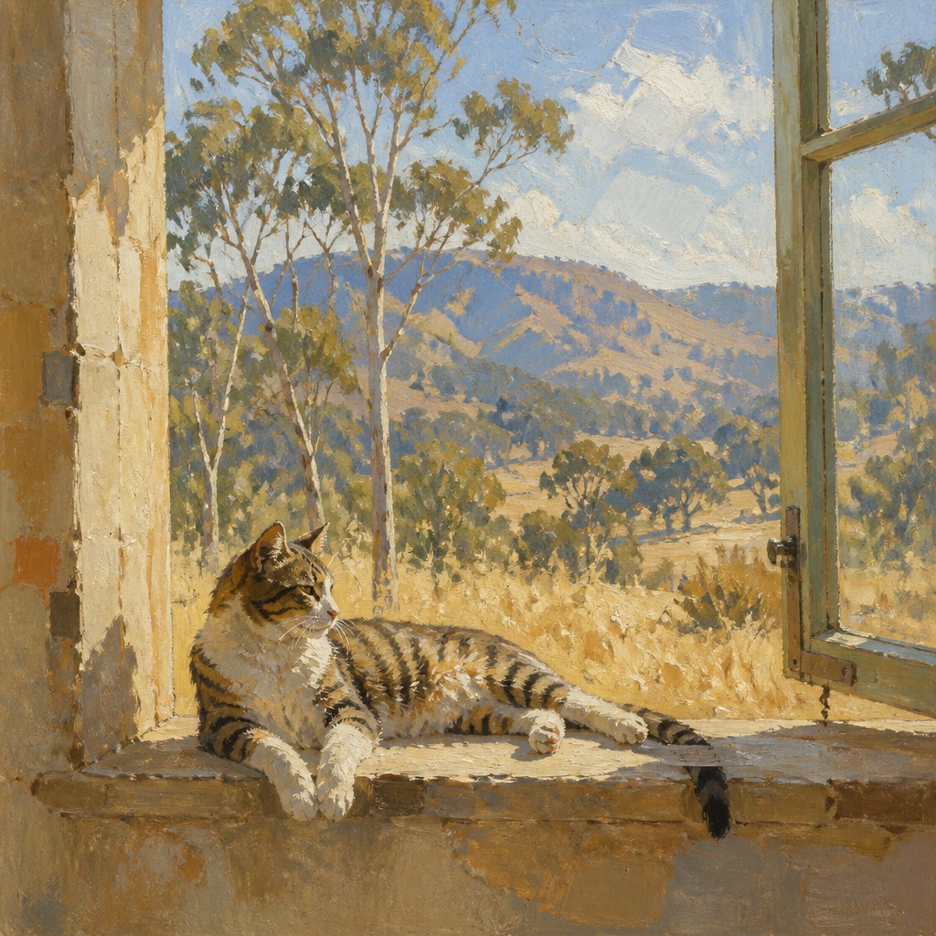 a cat lounging in a sunlit window — Heidelberg School Art Style