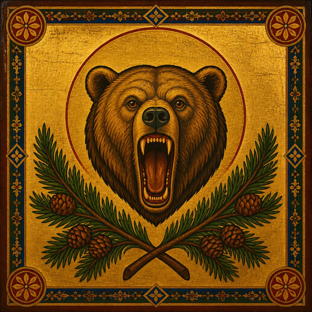 a roaring bear head above crossed pine branches, bold graphic composition on a plain background, no text
