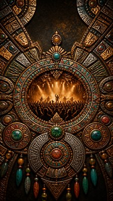 a live music scene with a glowing stage and silhouetted crowd, energetic vertical composition with open space at the top, no text