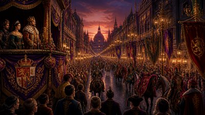 bustling city street panorama at dusk