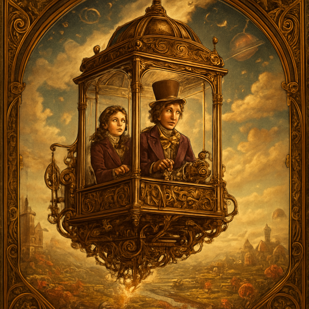An awe-inspiring and whimsical scene featuring Willy Wonka's Great Glass Wonkavator, soaring through the sky and beyond the confines of the chocolate factory. The Wonkavator itself is a magnificent, multi-directional glass elevator, transparent and sparkling, with a middle aged Willy Wonka (wearing his iconic top hat, purple coat, and bowtie) and a young Victorian well dressed lady looking out with expressions of wonder and excitement. The interior is filled with intricate buttons and levers for controlling its magical flight. The Wonkavator is depicted in mid-flight, perhaps bursting through the factory roof or ascending above the clouds. Below it, the fantastical landscape of the Chocolate Factory is visible – chocolate rivers, edible gardens, candy cane trees, and various whimsical buildings. Beyond the factory, a stunning, imaginative sky unfolds, perhaps with floating candy clouds, distant fantastical landmarks, or even glimpses of outer space and planets. The lighting is bright and magical, emphasizing the glass's transparency and the vibrant colors of the world below and beyond. The overall mood is one of boundless adventure, limitless possibilities, and pure, joyful fantasy."