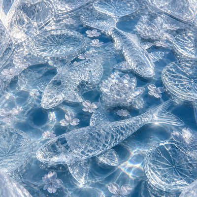 A koi pond seen from above, orange and white koi fish swimming among lily pads, clear water with subtle ripples, fallen cherry blossom petals floating on the surface, dappled sunlight