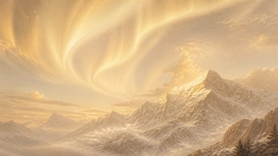 a flowing aurora over snowy peaks, wide sweeping composition, no people, no text